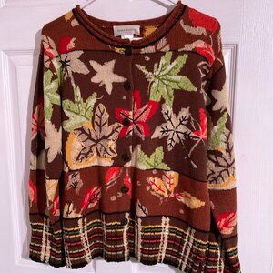 Susan Bristol medium Hand Embroidered Autumn Leaf Cardigan Sweater Brown Multi-C